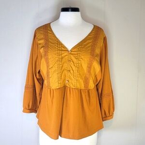 Zac & Rachel Boho Waffle Knit Baby-doll Top Mustard XL CottageCore